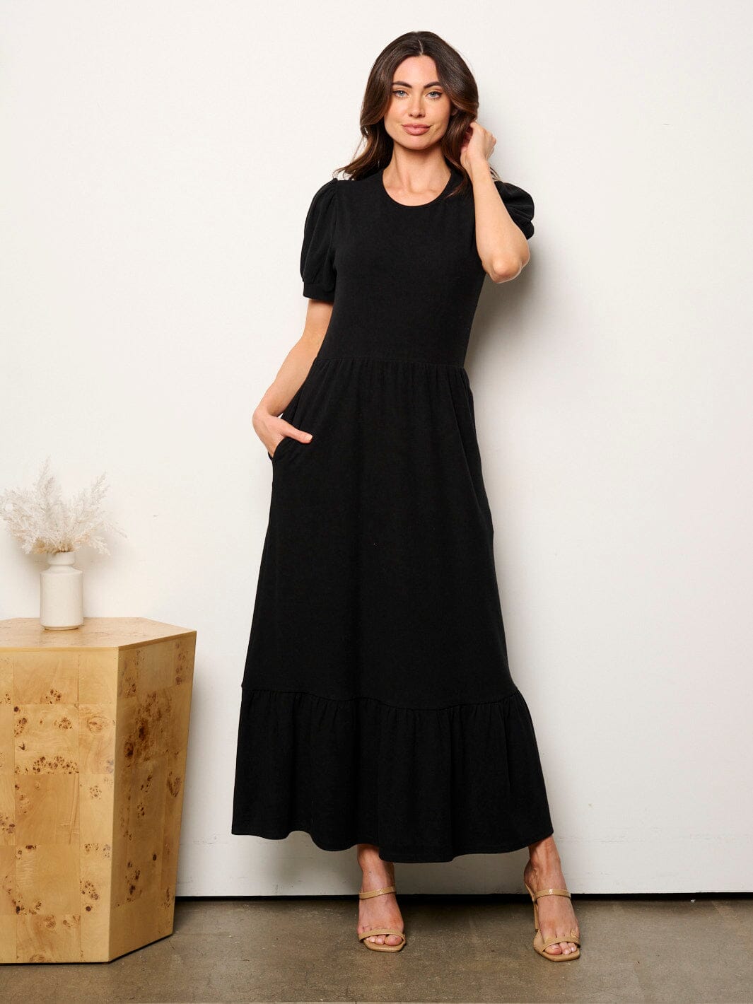 WOMEN'S SHORT SLEEVE POCKETS ELASTIC WAIST MAXI DRESS