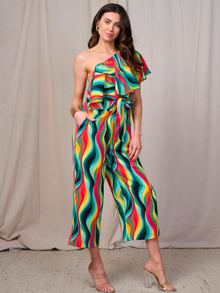 WOMEN'S ONE SHOULDER RUFFLE SELF TIE FRONT POCKETS WIDE LEG MULTI PRINT JUMPSUIT