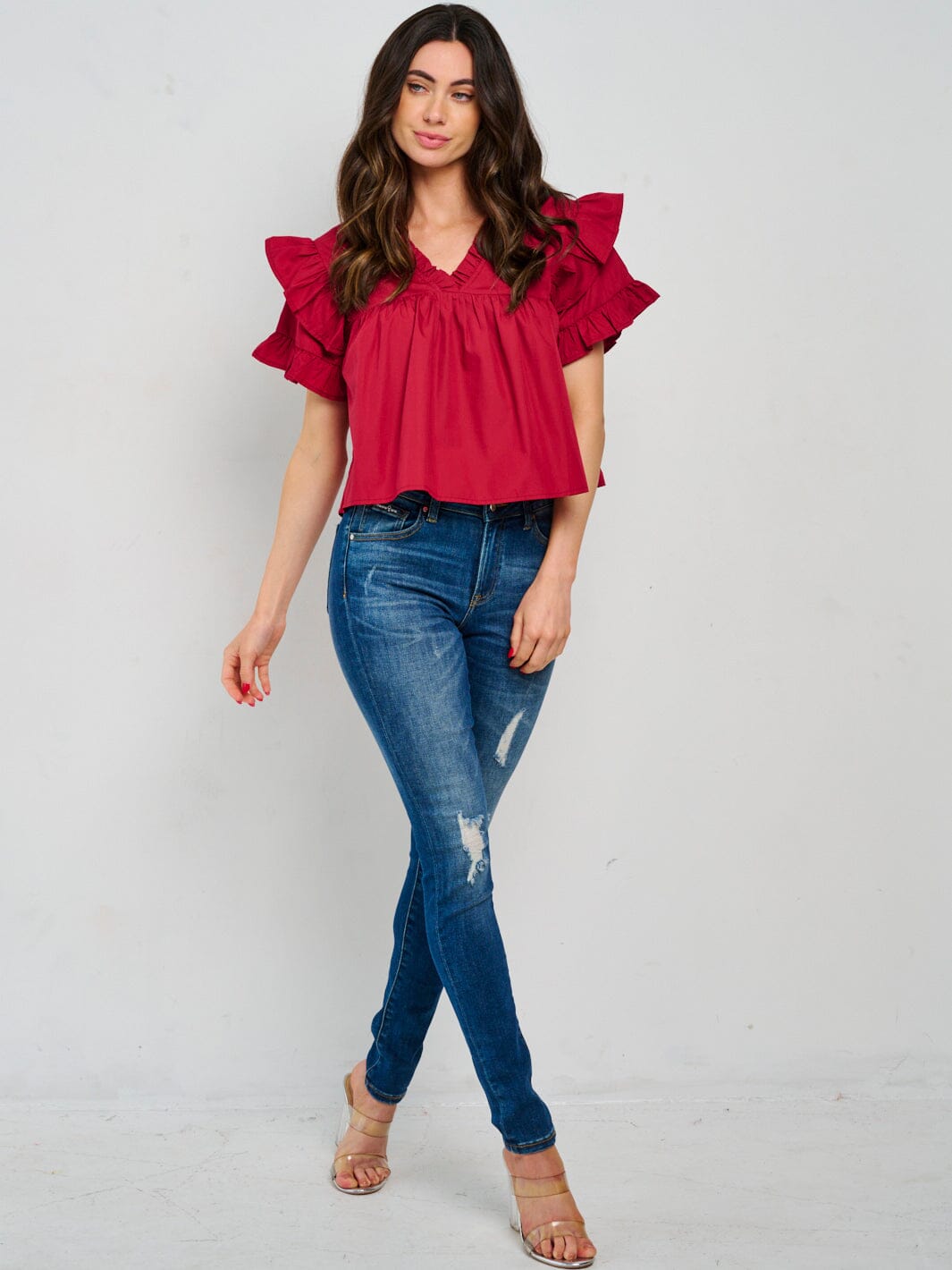 WOMEN'S SHORT RUFFLE SLEEVE V-NECK BLOUSE