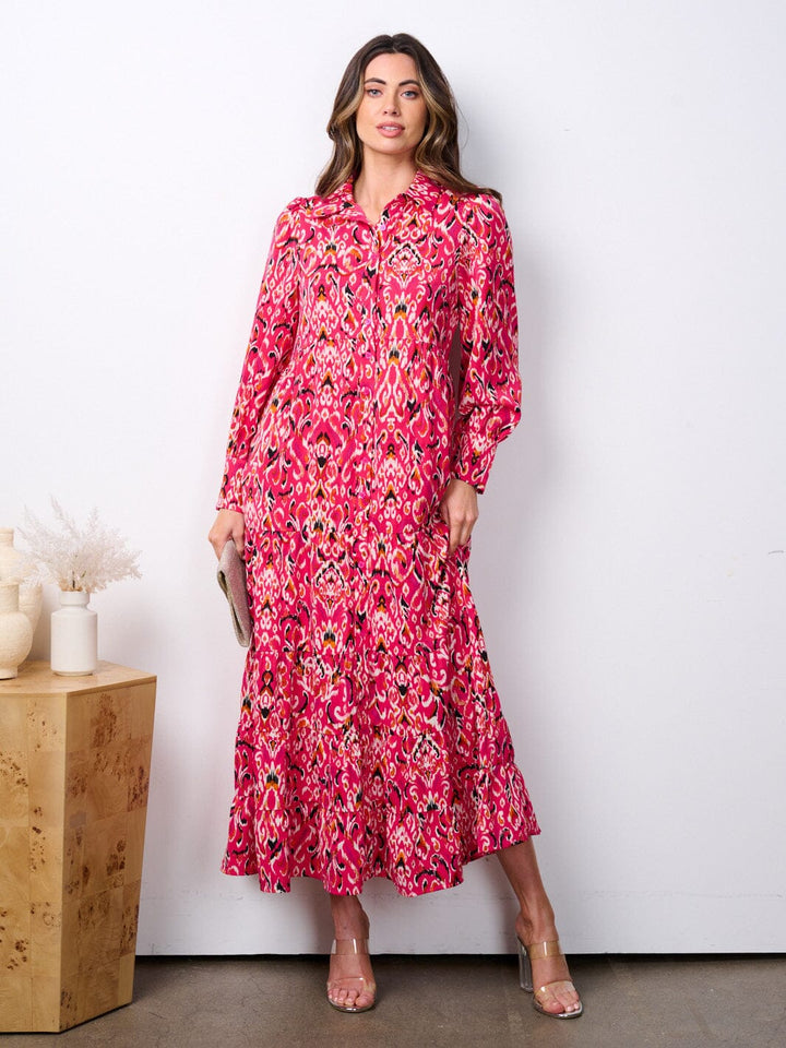 WOMEN'S LONG SLEEVE POCKETS MULTI PRINT BUTTON UP MAXI DRESS