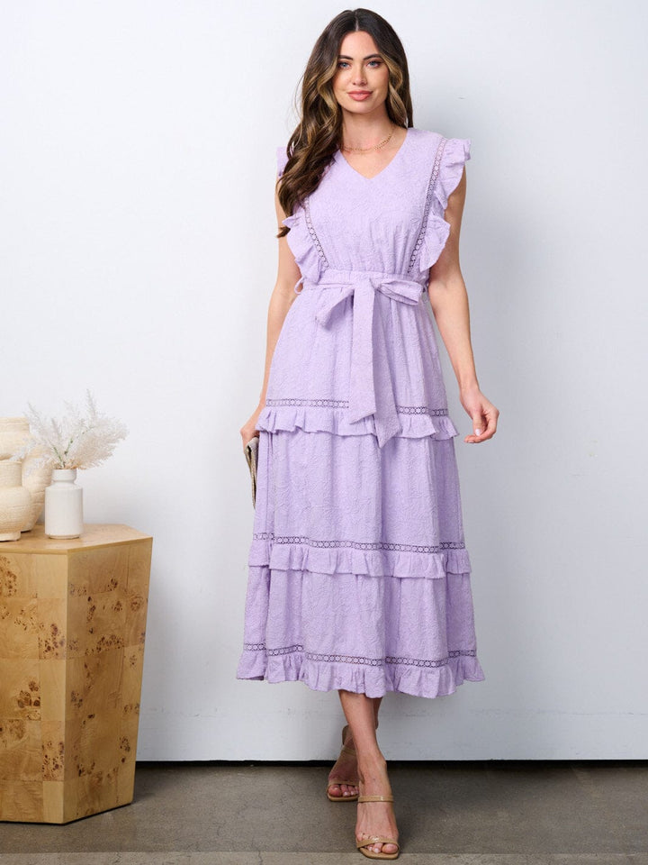 WOMEN'S SLEEVELESS RUFFLE V-NECK TIERED MAXI DRESS