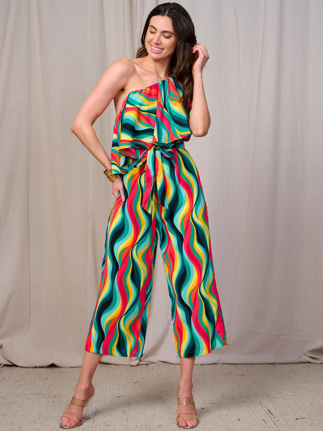 WOMEN'S ONE SHOULDER RUFFLE SELF TIE FRONT POCKETS WIDE LEG MULTI PRINT JUMPSUIT