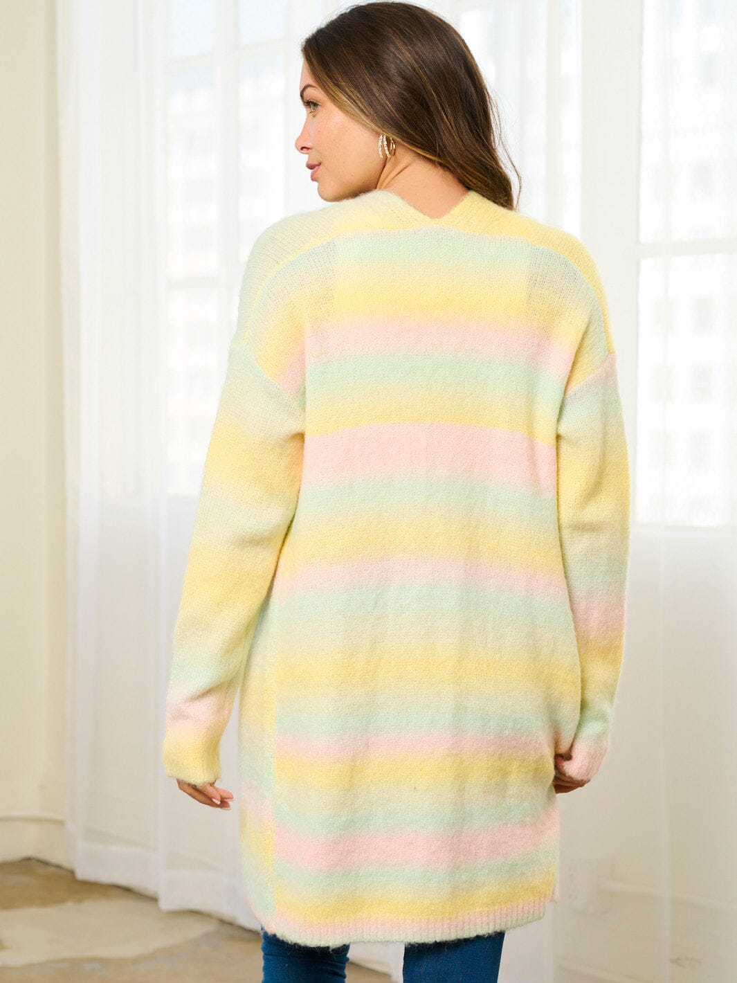 WOMEN'S LONG SLEEVE COLORBLOCK STRIPES OPEN FRONT CARDIGAN