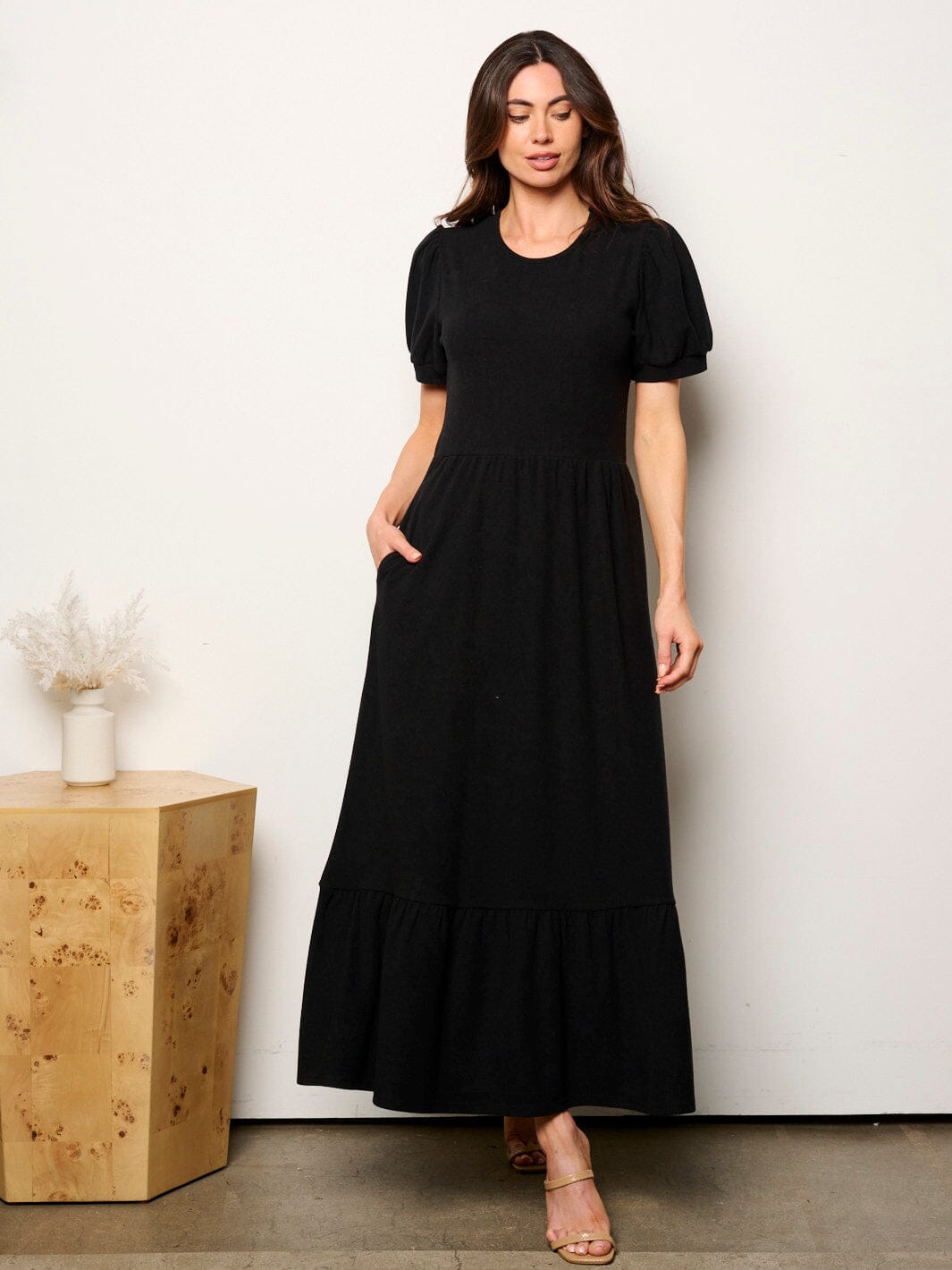 WOMEN'S SHORT SLEEVE POCKETS ELASTIC WAIST MAXI DRESS