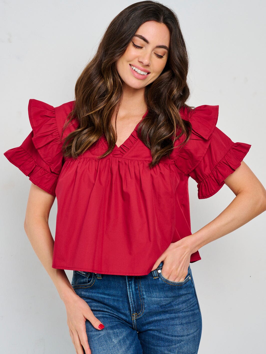WOMEN'S SHORT RUFFLE SLEEVE V-NECK BLOUSE