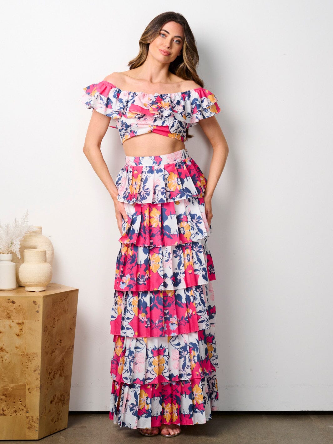 WOMEN'S OFF SHOULDER CROP TOP & MAXI RUFFLE SKIRT 2PC. FLORAL SET