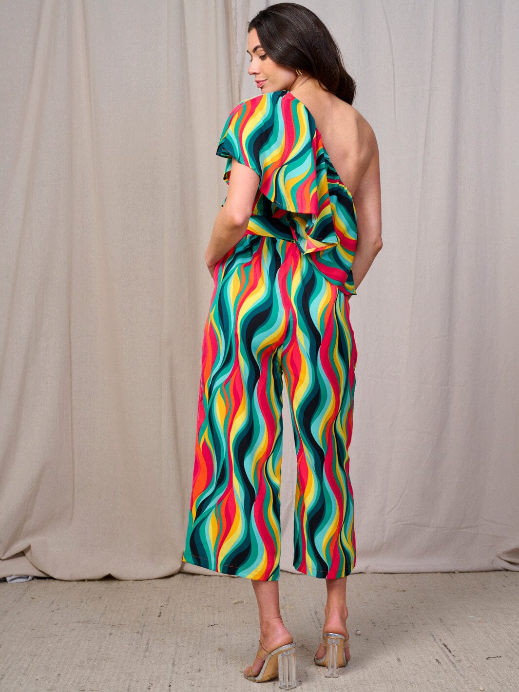 WOMEN'S ONE SHOULDER RUFFLE SELF TIE FRONT POCKETS WIDE LEG MULTI PRINT JUMPSUIT