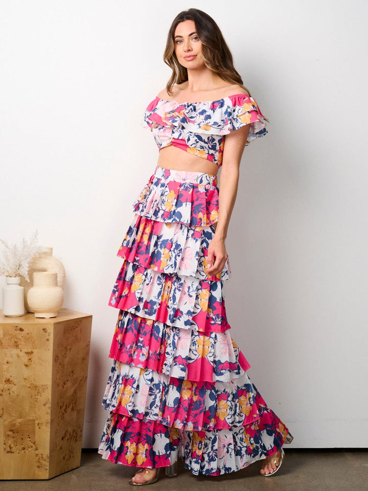 WOMEN'S OFF SHOULDER CROP TOP & MAXI RUFFLE SKIRT 2PC. FLORAL SET