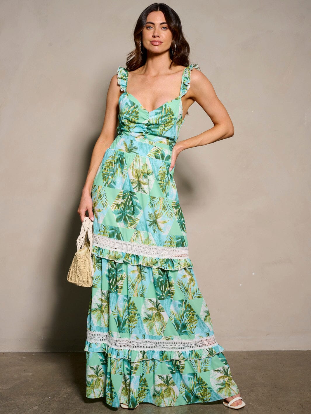 WOMEN'S SLEEVELESS V-NECK BACK DETAILED RUFFLE FLORAL MAXI DRESS