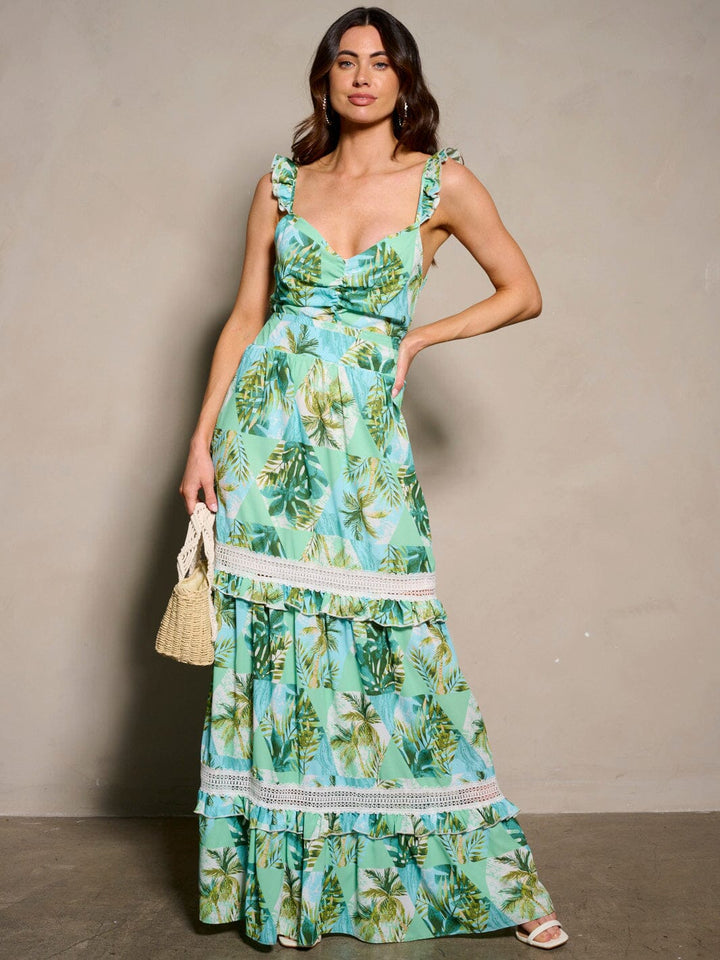 WOMEN'S SLEEVELESS V-NECK BACK DETAILED RUFFLE FLORAL MAXI DRESS