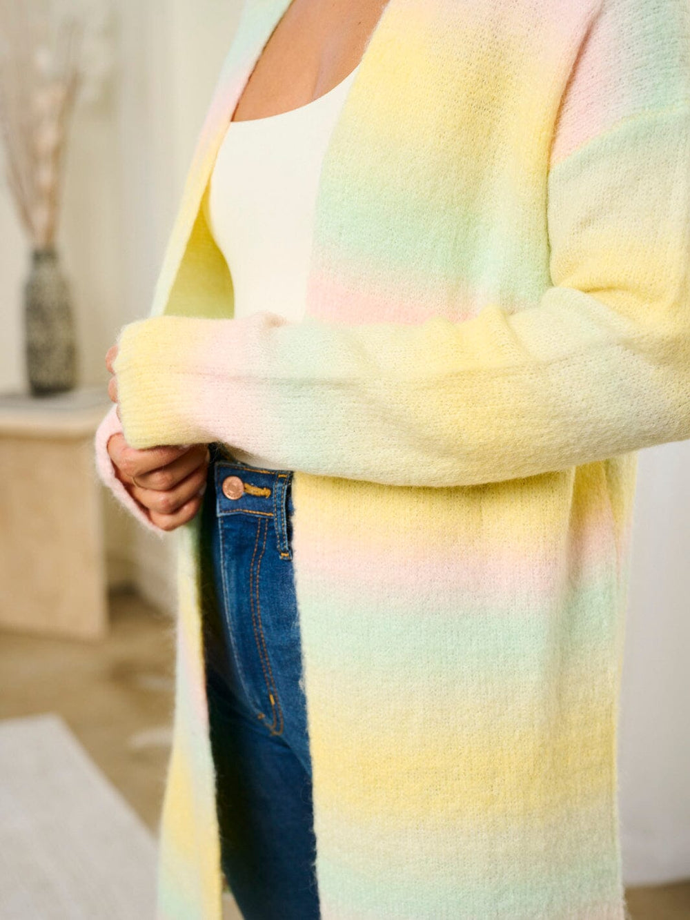 WOMEN'S LONG SLEEVE COLORBLOCK STRIPES OPEN FRONT CARDIGAN