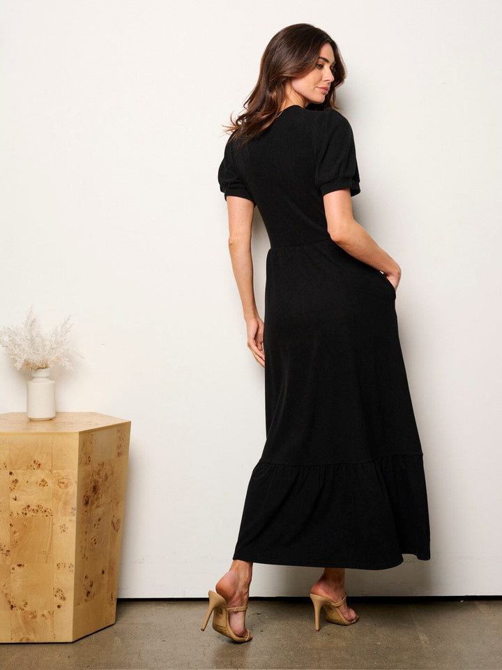 WOMEN'S SHORT SLEEVE POCKETS ELASTIC WAIST MAXI DRESS