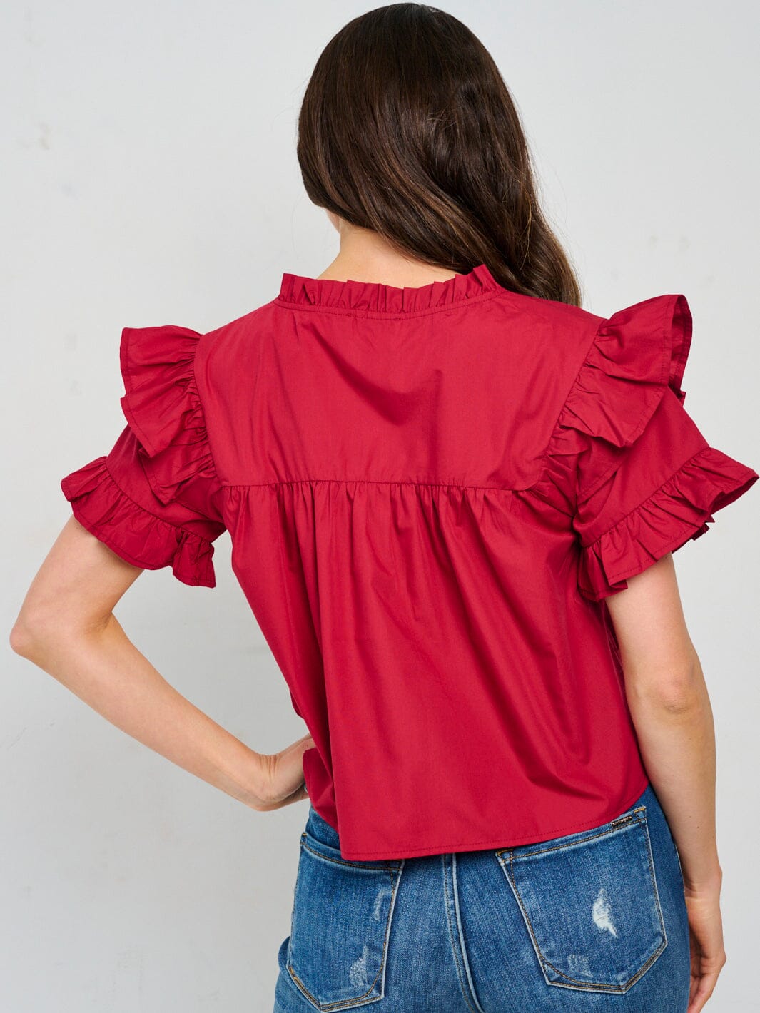 WOMEN'S SHORT RUFFLE SLEEVE V-NECK BLOUSE