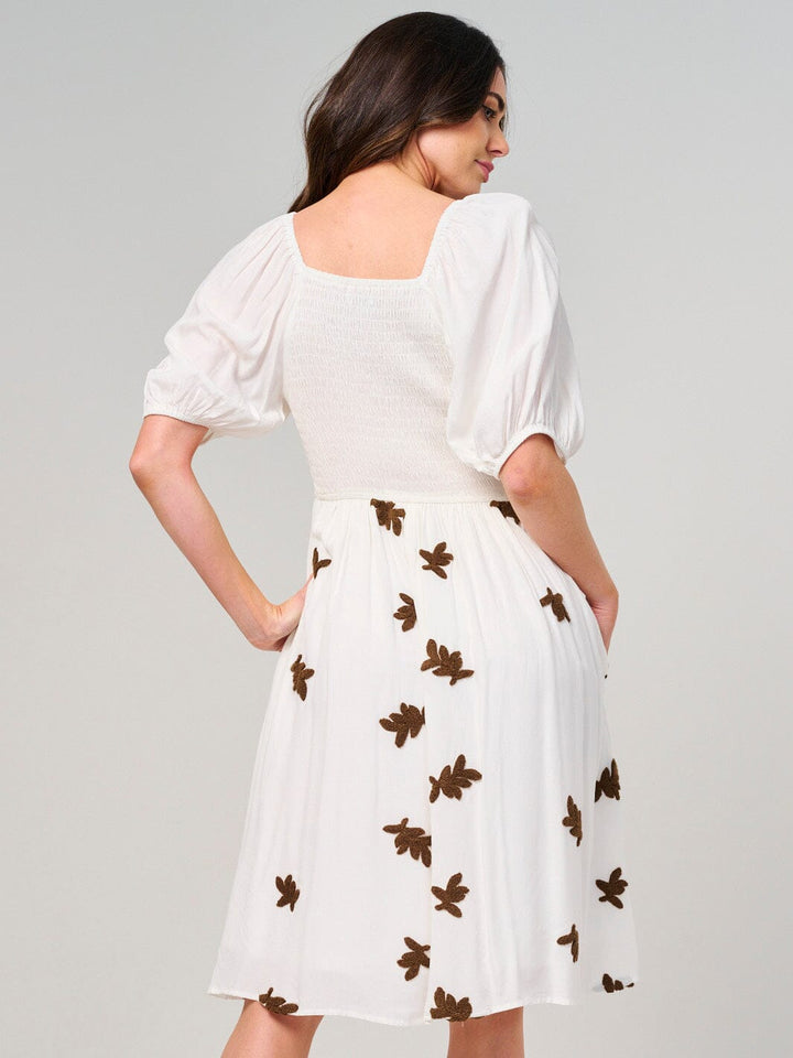 WOMEN'S SHORT PUFF SLEEVE SQUARE NECK FRONT POCKETS MIDI DRESS