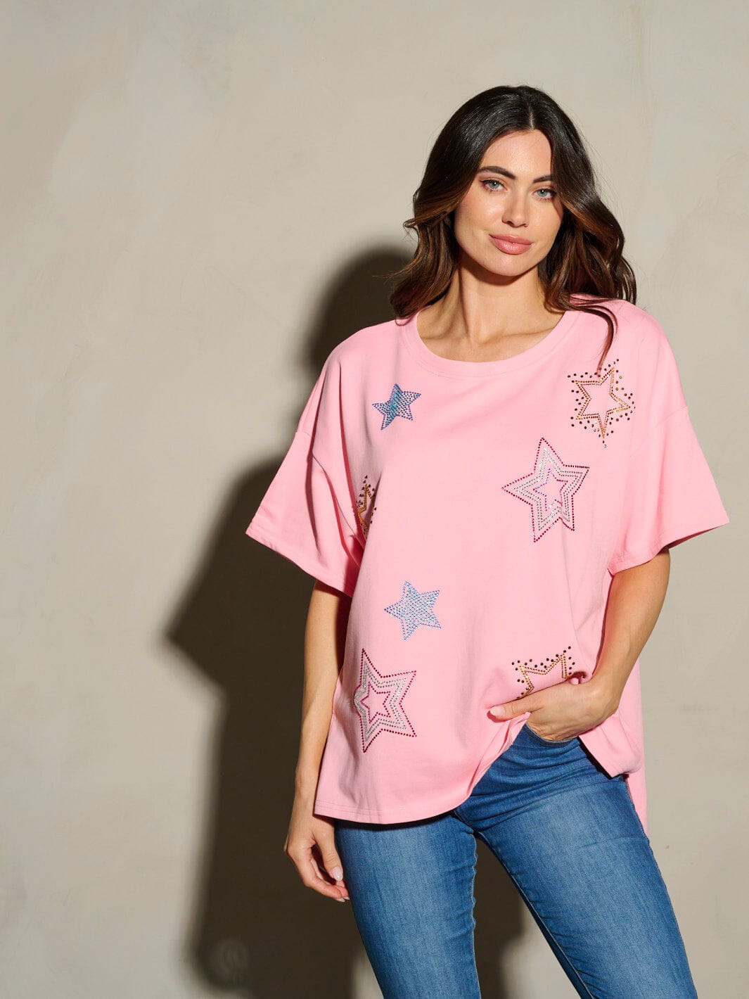 WOMEN'S SHORT SLEEVE STUDS STARS PATRIOTIC TUNIC BLOUSE TOP