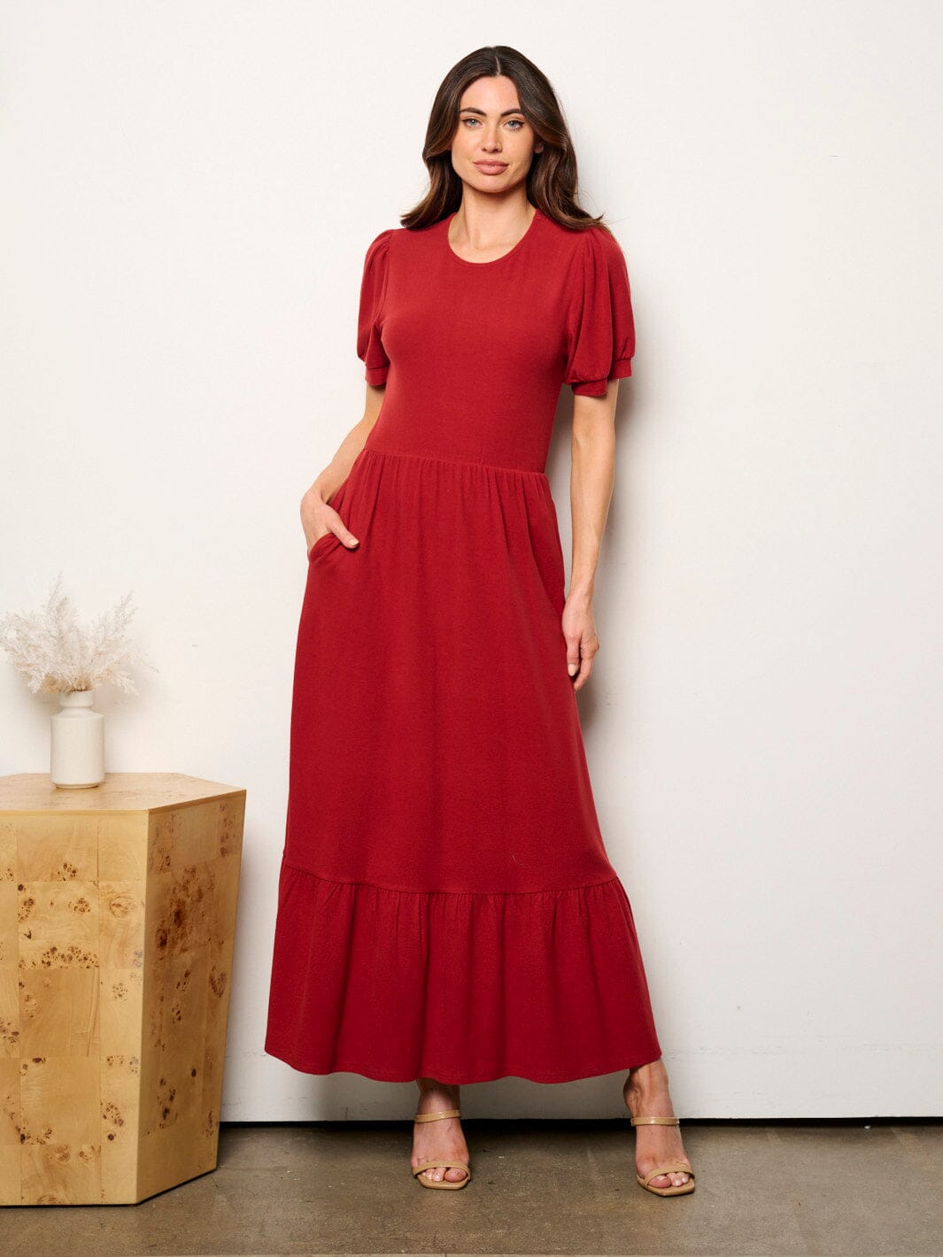 WOMEN'S SHORT SLEEVE POCKETS ELASTIC WAIST MAXI DRESS