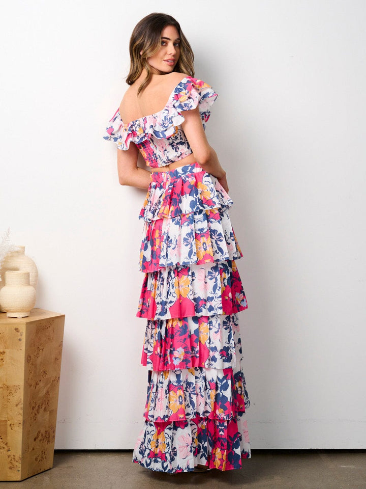 WOMEN'S OFF SHOULDER CROP TOP & MAXI RUFFLE SKIRT 2PC. FLORAL SET
