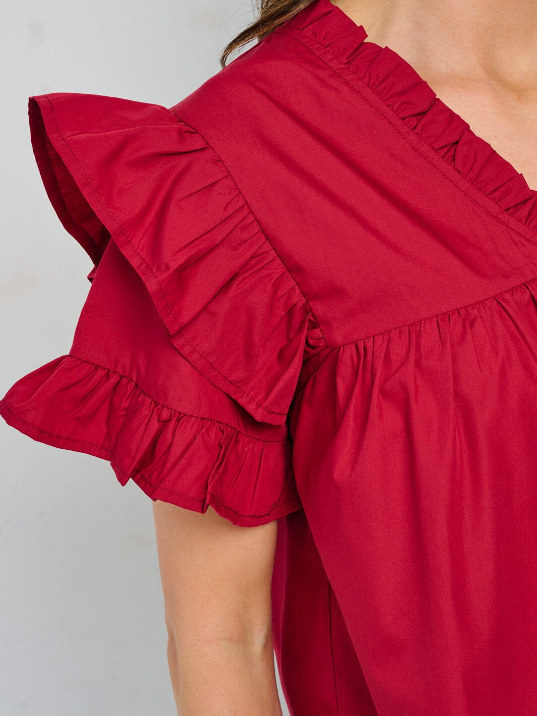 WOMEN'S SHORT RUFFLE SLEEVE V-NECK BLOUSE