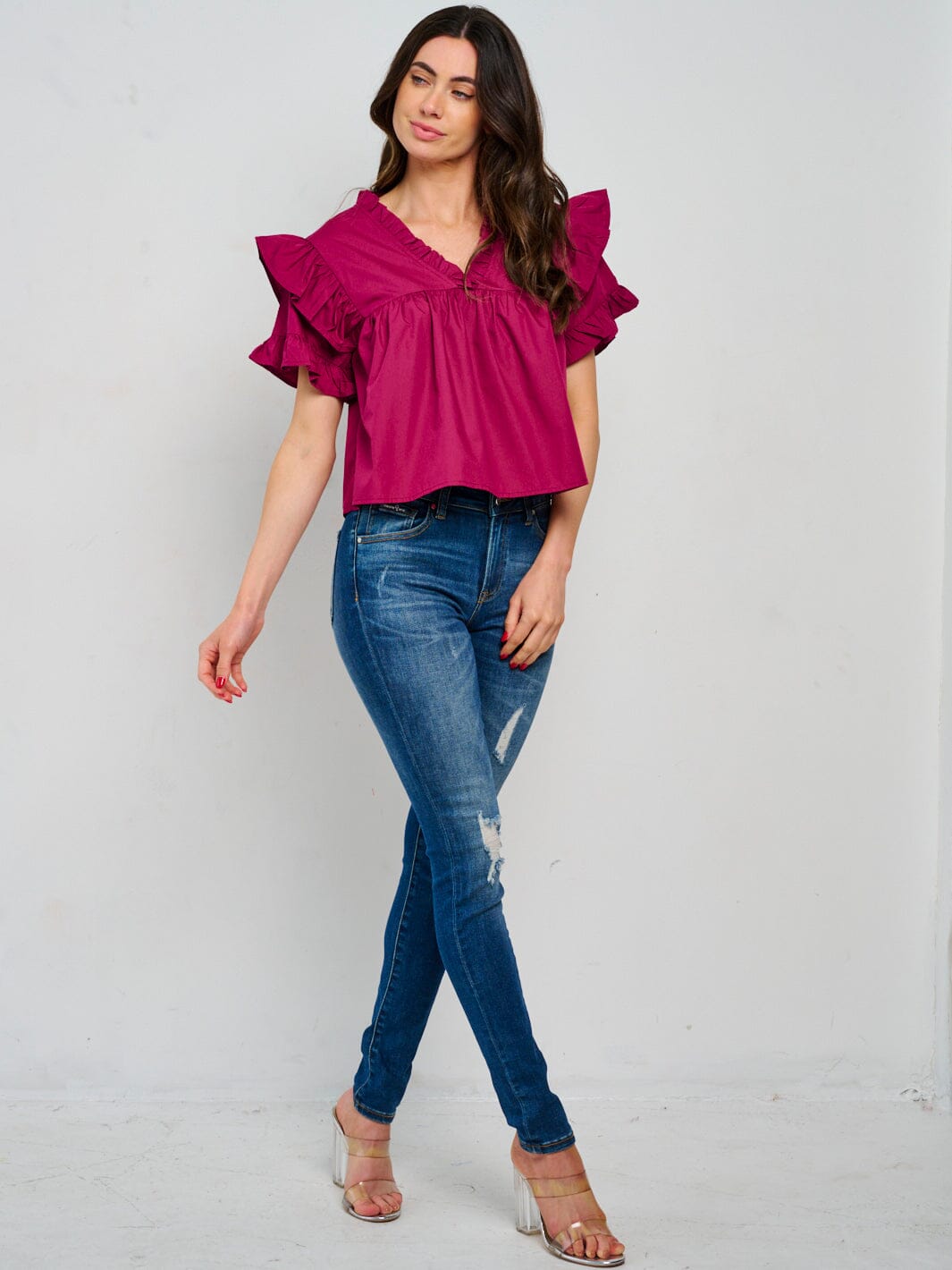 WOMEN'S SHORT RUFFLE SLEEVE V-NECK BLOUSE