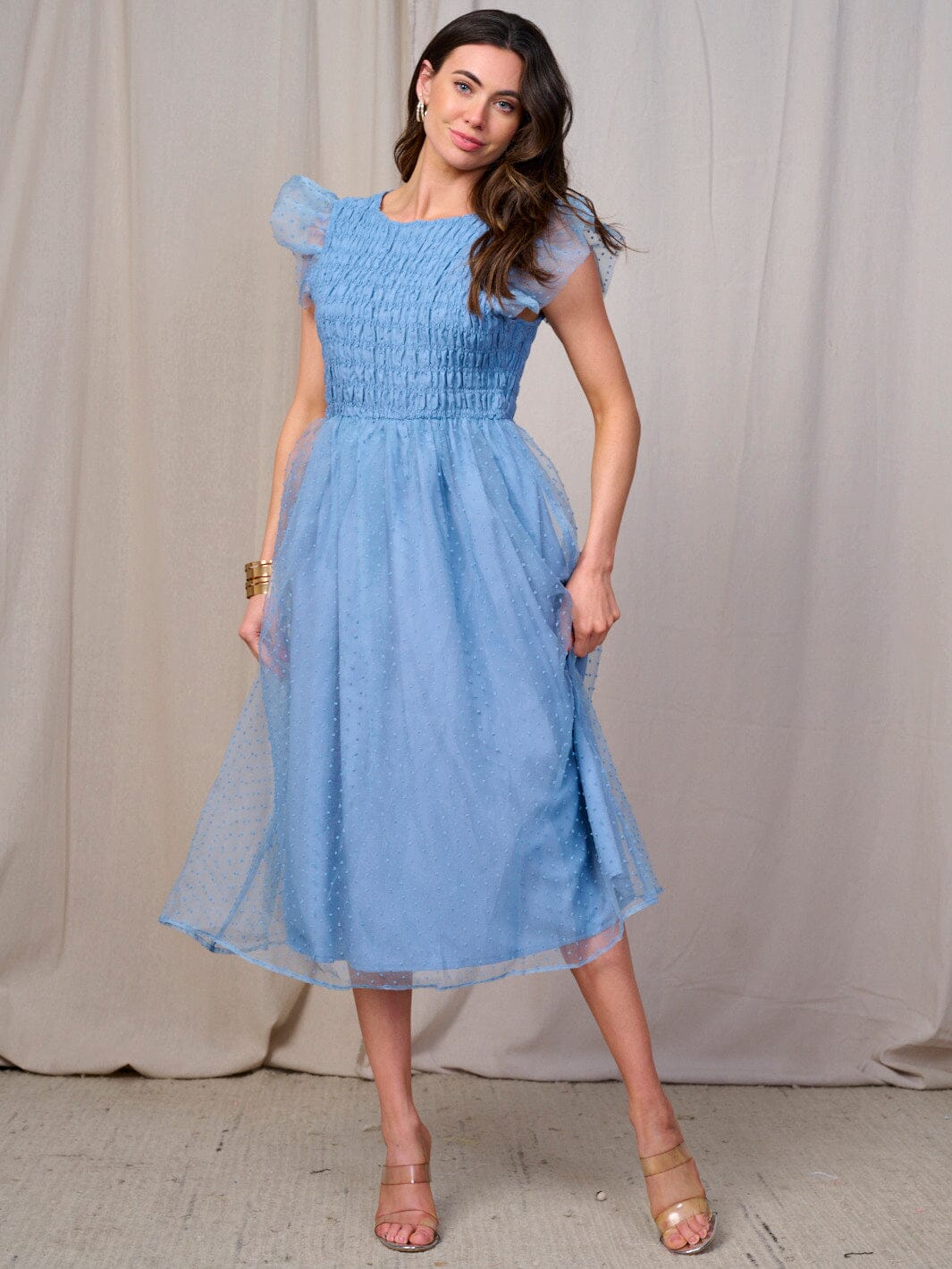 WOMEN'S RUFFLE SLEEVE SMOCK SWISS DETAILED MIDI DRESS