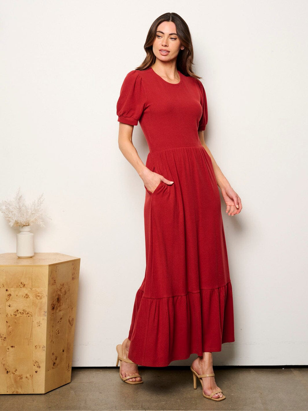 WOMEN'S SHORT SLEEVE POCKETS ELASTIC WAIST MAXI DRESS