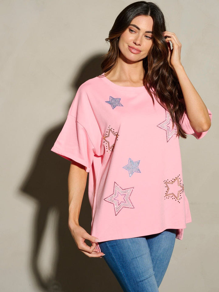 WOMEN'S SHORT SLEEVE STUDS STARS PATRIOTIC TUNIC BLOUSE TOP