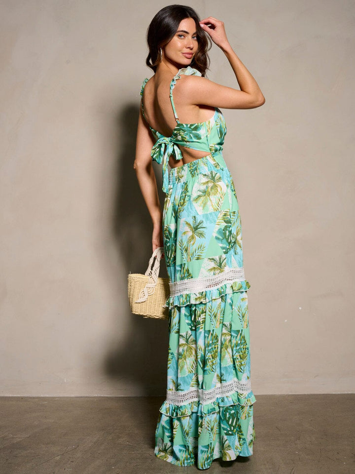 WOMEN'S SLEEVELESS V-NECK BACK DETAILED RUFFLE FLORAL MAXI DRESS