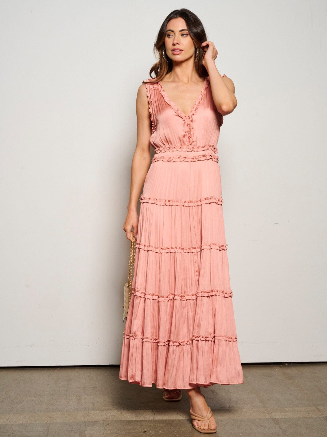 WOMEN'S SLEEVELESS V-NECK RUFFLE TIERED MAXI DRESS