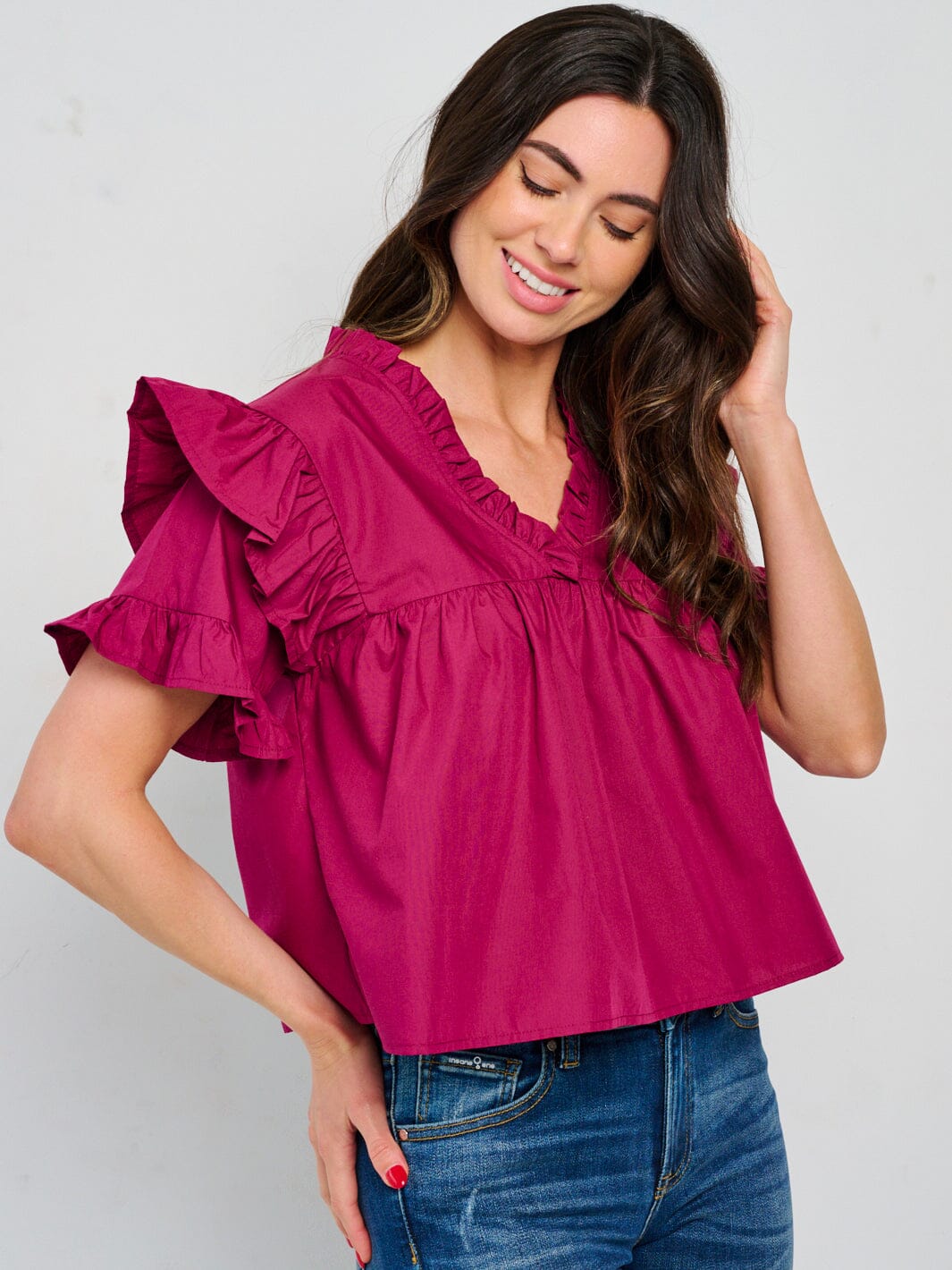 WOMEN'S SHORT RUFFLE SLEEVE V-NECK BLOUSE