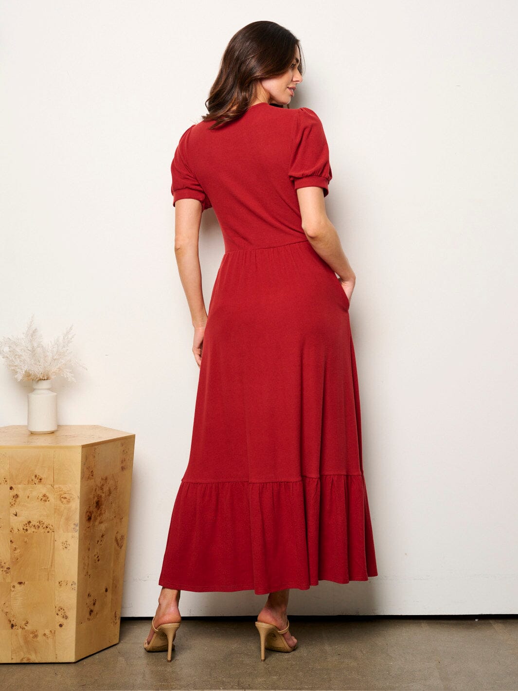 WOMEN'S SHORT SLEEVE POCKETS ELASTIC WAIST MAXI DRESS