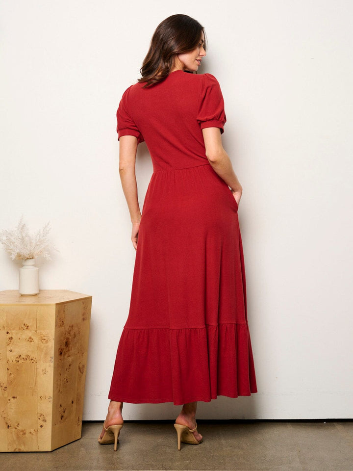 WOMEN'S SHORT SLEEVE POCKETS ELASTIC WAIST MAXI DRESS