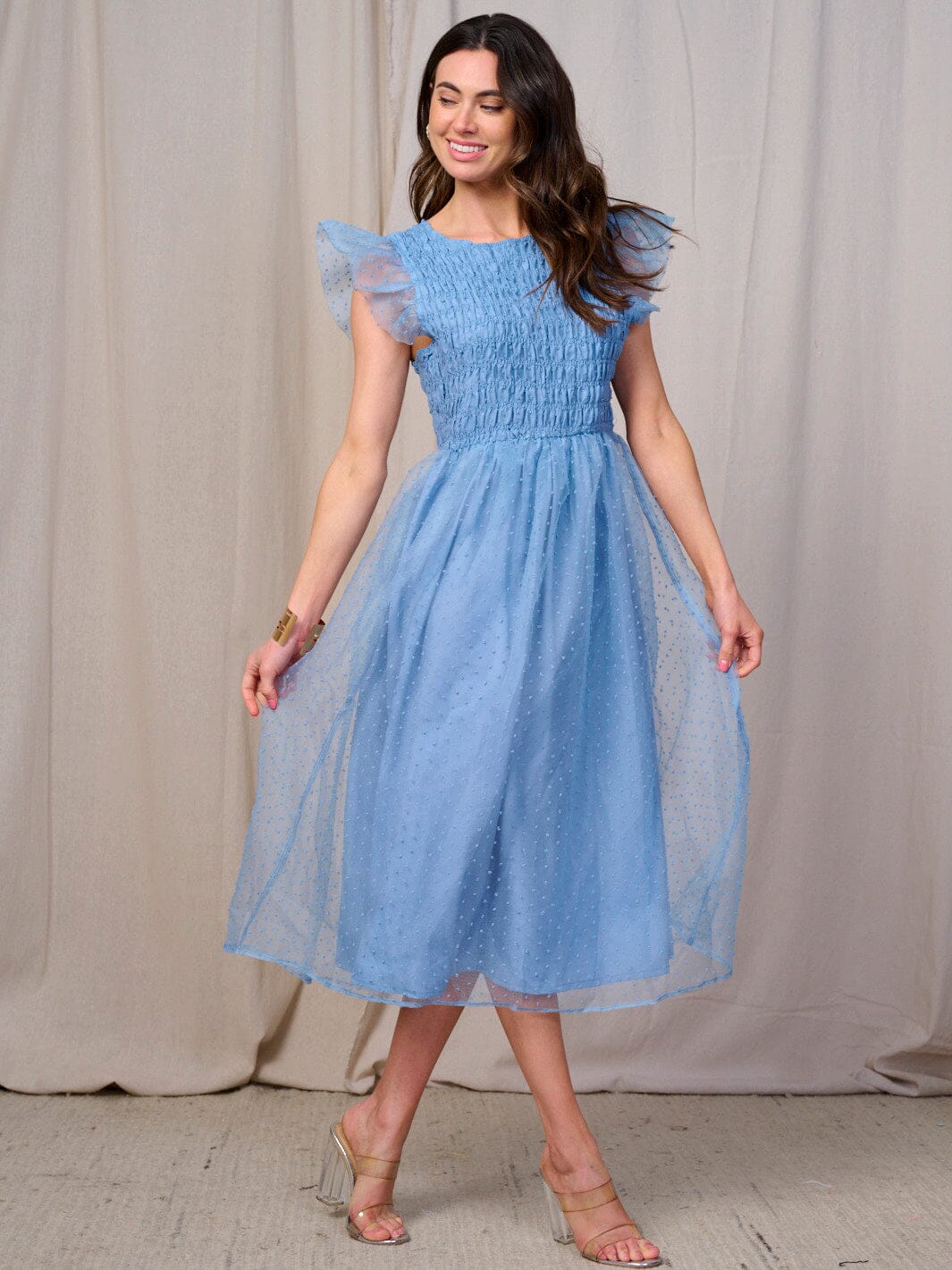 WOMEN'S RUFFLE SLEEVE SMOCK SWISS DETAILED MIDI DRESS