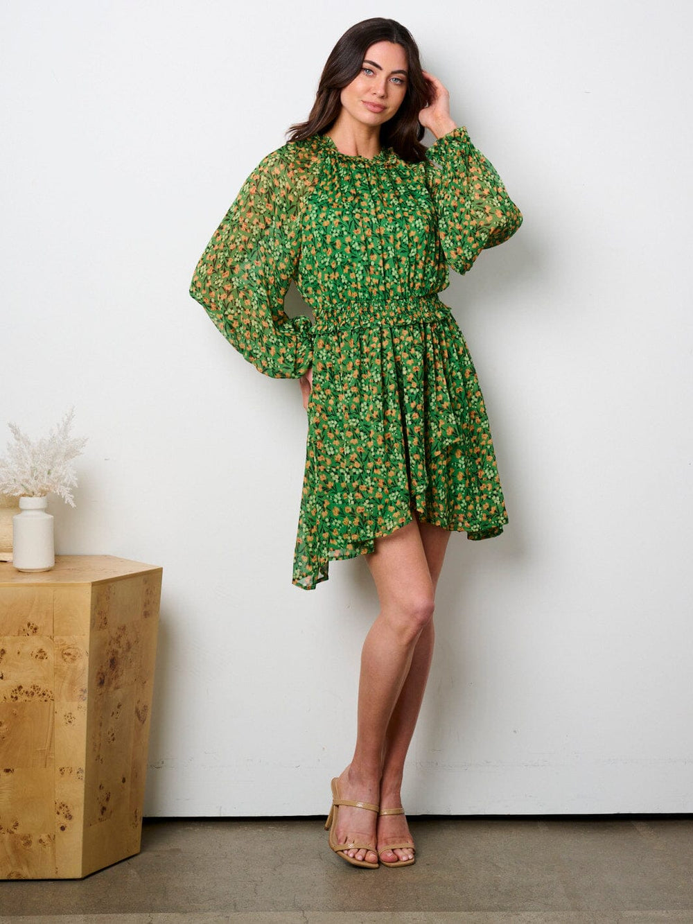 WOMEN'S LONG SLEEVE MOCK NECK SMOCK WAIST MINI DRESS