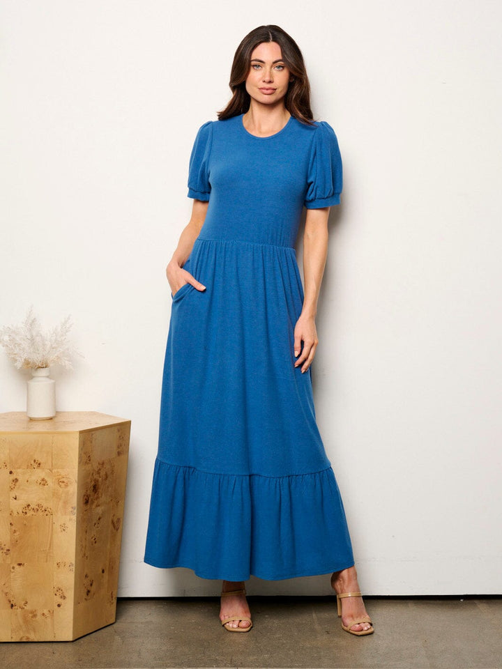 WOMEN'S SHORT SLEEVE POCKETS ELASTIC WAIST MAXI DRESS