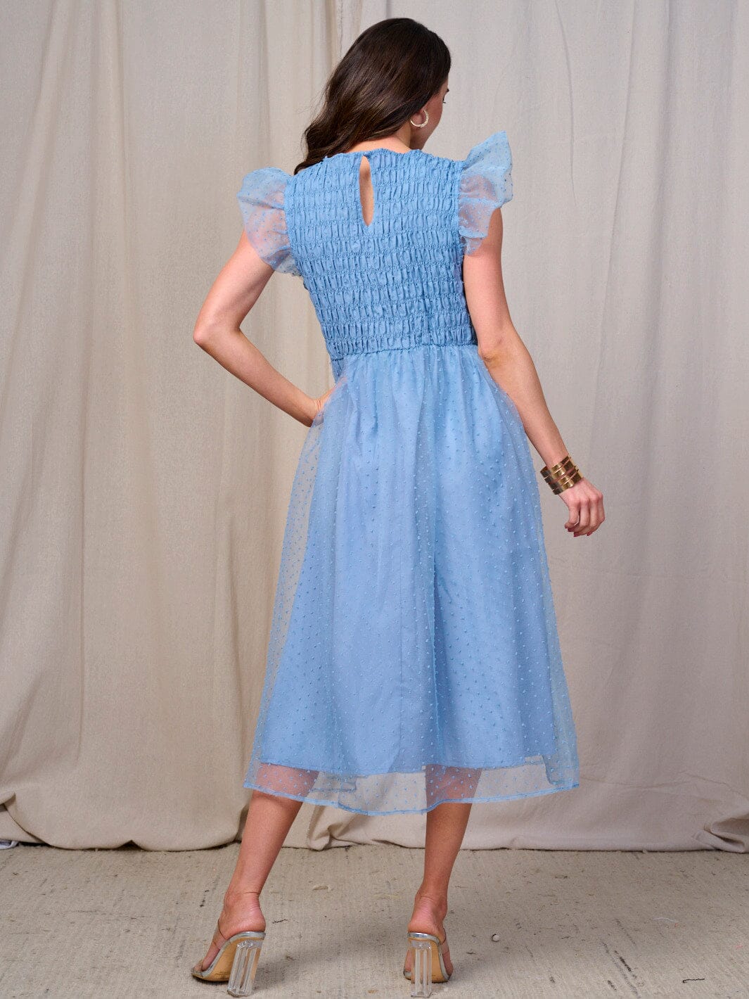 WOMEN'S RUFFLE SLEEVE SMOCK SWISS DETAILED MIDI DRESS