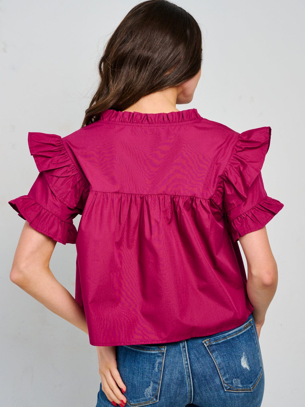 WOMEN'S SHORT RUFFLE SLEEVE V-NECK BLOUSE