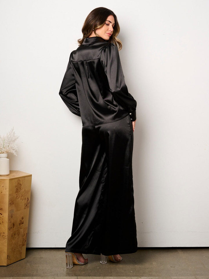 WOMEN'S LONG SLEEVE BUTTON UP TOP & WIDE LEG PANTS SATIN 2PC. SET