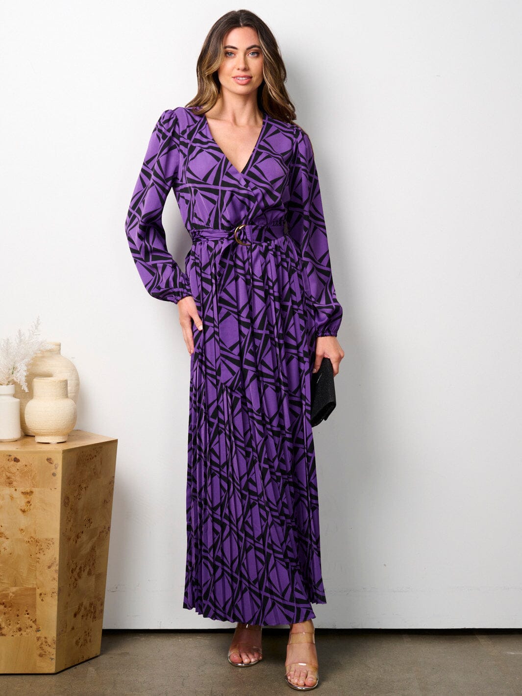 WOMEN'S LONG PUFF SLEEVE SURPLICE BELTED PRINT MAXI DRESS