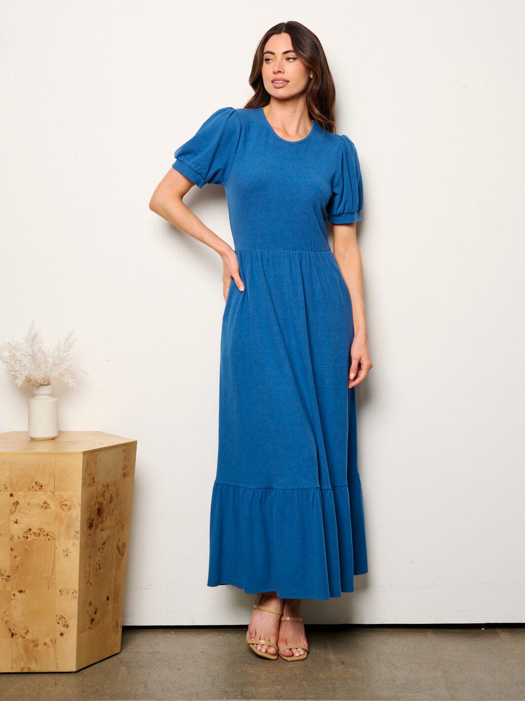 WOMEN'S SHORT SLEEVE POCKETS ELASTIC WAIST MAXI DRESS