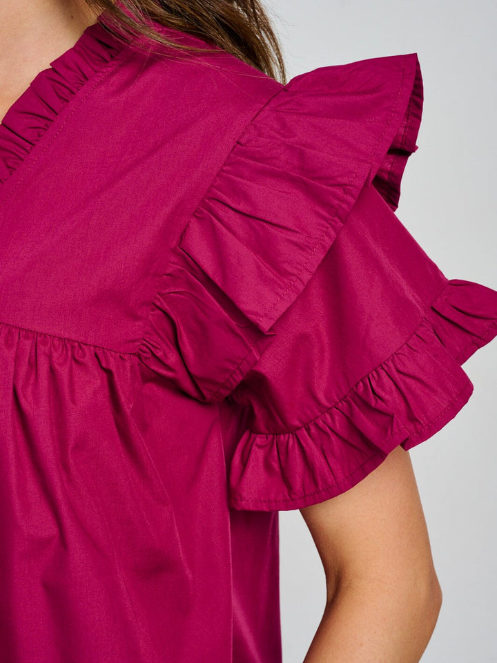 WOMEN'S SHORT RUFFLE SLEEVE V-NECK BLOUSE
