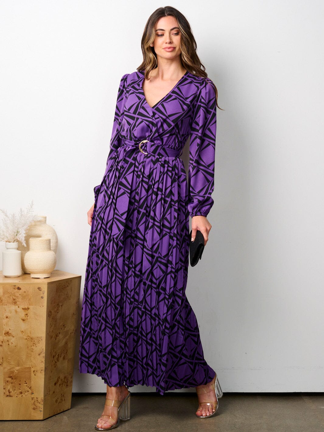 WOMEN'S LONG PUFF SLEEVE SURPLICE BELTED PRINT MAXI DRESS