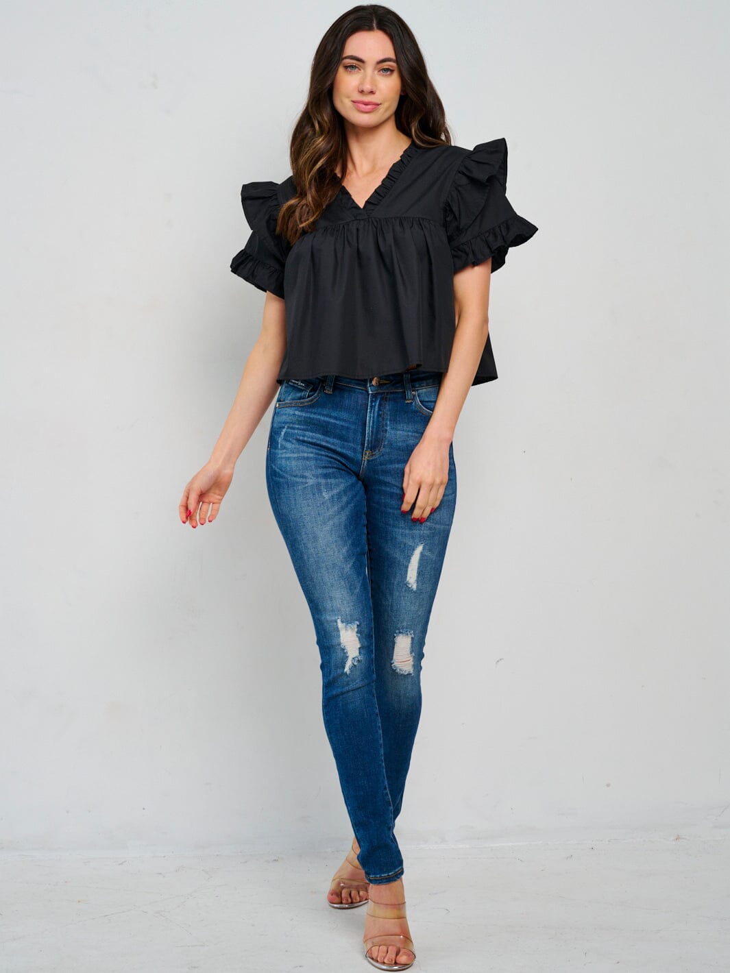 WOMEN'S SHORT RUFFLE SLEEVE V-NECK BLOUSE