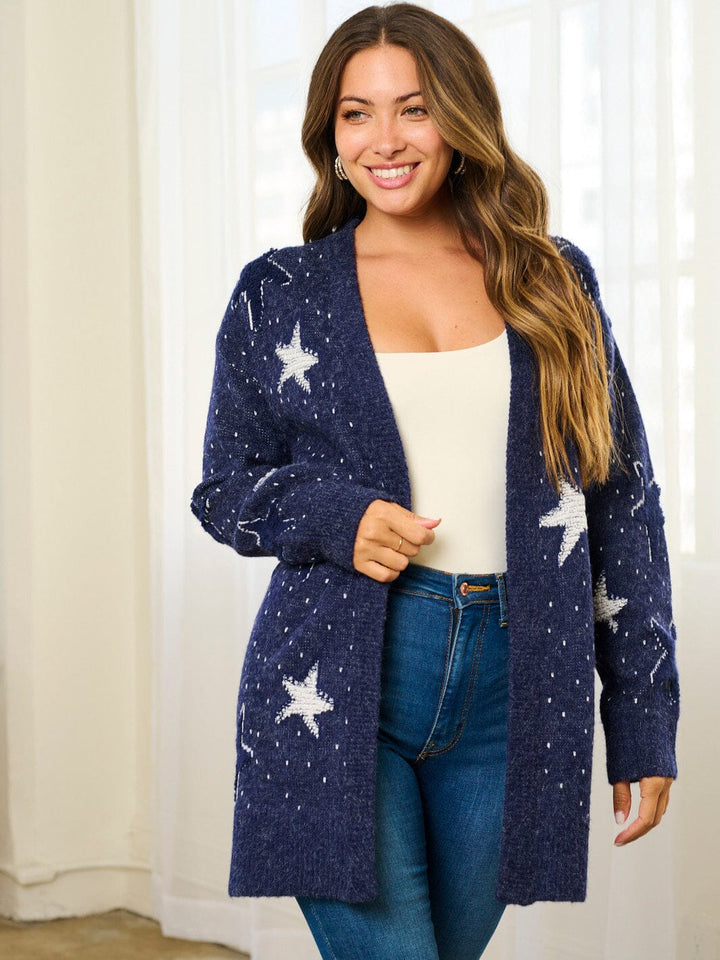 WOMEN'S LONG SLEEVE OPEN FRONT STARS PRINT CARDIGAN