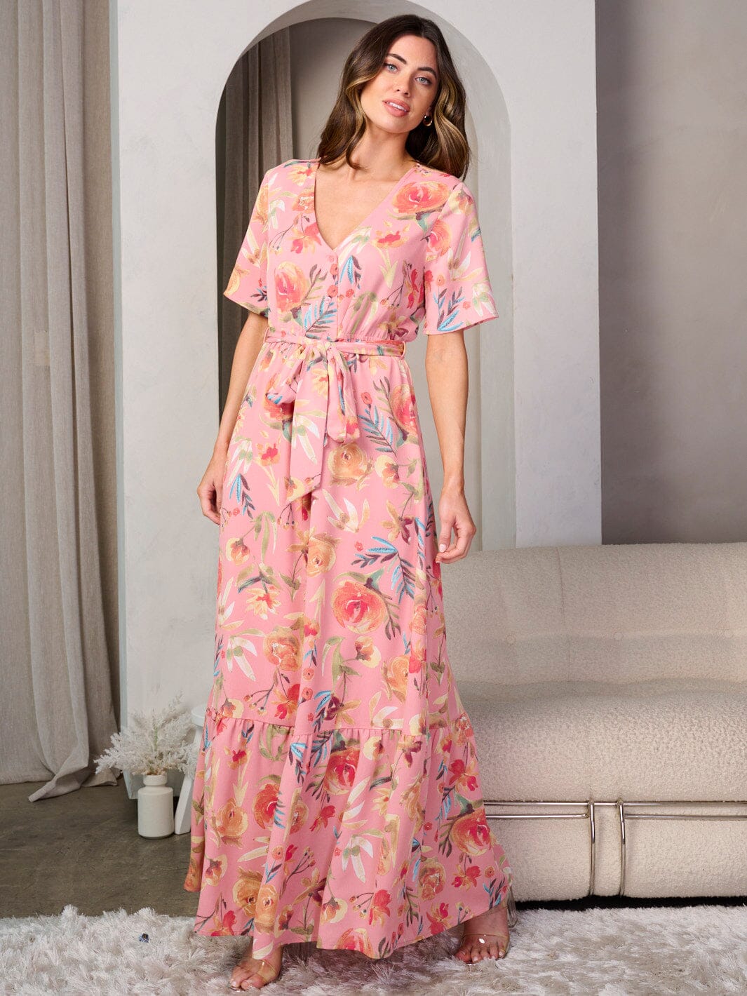 WOMEN'S SHORT SLEEVE BUTTON UP V-NECK FLORAL MAXI DRESS