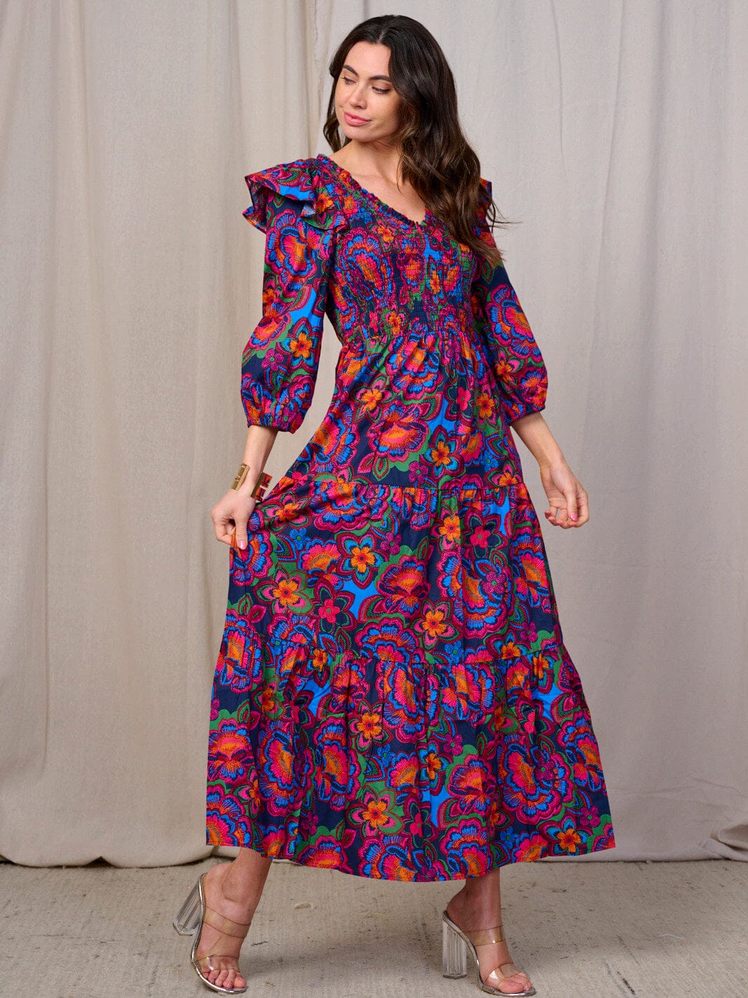 WOMEN'S 3/4 SLEEVES V-NECK SMOCK TIERED FLORAL MAXI DRESS