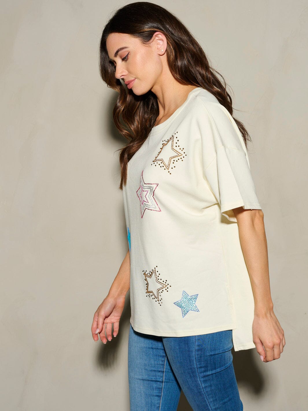 WOMEN'S SHORT SLEEVE STUDS STARS PATRIOTIC TUNIC BLOUSE TOP