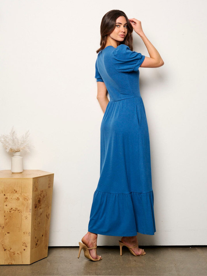 WOMEN'S SHORT SLEEVE POCKETS ELASTIC WAIST MAXI DRESS