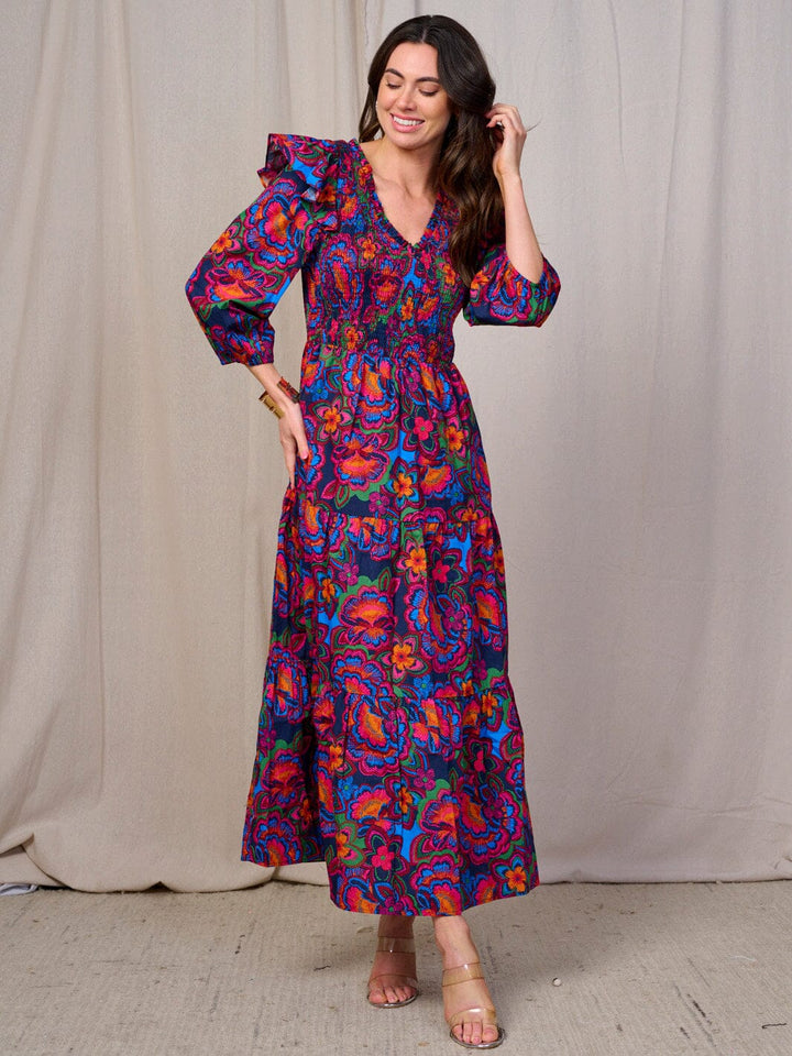 WOMEN'S 3/4 SLEEVES V-NECK SMOCK TIERED FLORAL MAXI DRESS