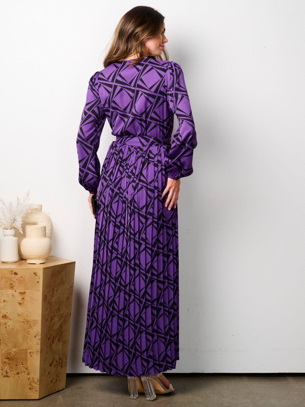 WOMEN'S LONG PUFF SLEEVE SURPLICE BELTED PRINT MAXI DRESS