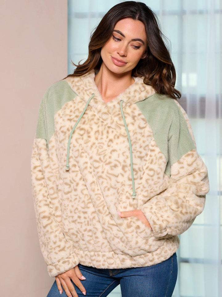 WOMEN'S LONG SLEEVE ANIMAL PRINT FRONT POCKETS HOODED PULLOVER SWEATER